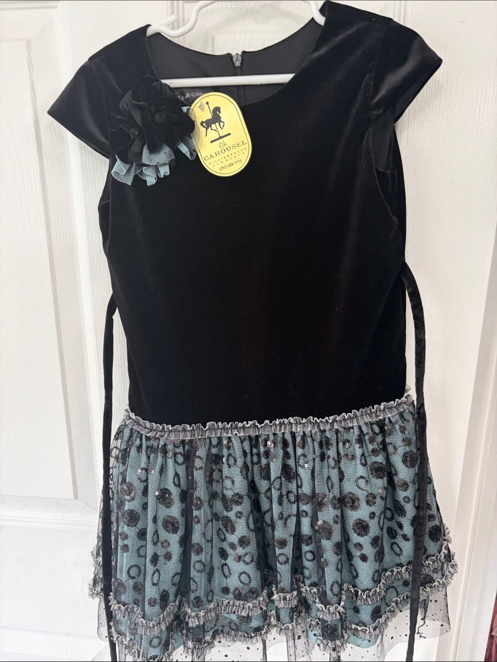 Isobella & Chloe Black Velvet and Teal Lace Flower Girl Dress